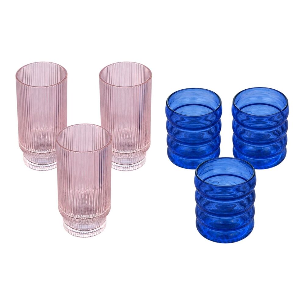 Set of 6 Pink Ribbed & Cobalt Blue bubble Ripple Glass Tumblers Retro Barware